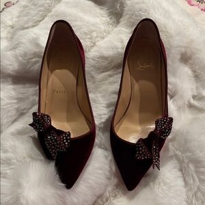 Christian Louboutin Dark Red Velvet Heels with Bow
